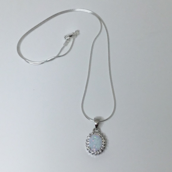 Sterling Silver Lab Created Opal and Cz Necklace - Picture 10 of 16